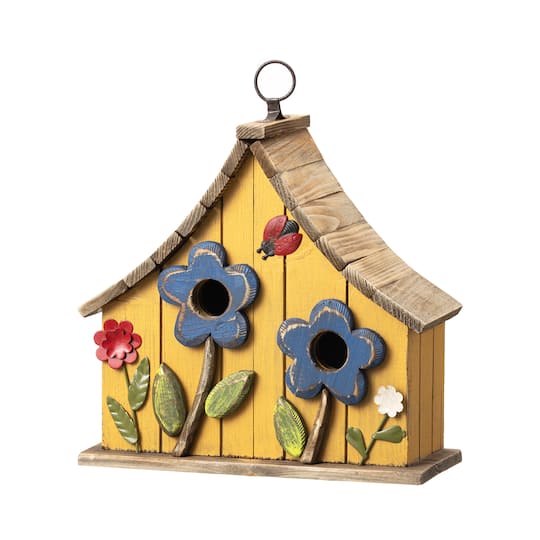 Glitzhome&#xAE; 10.5&#x22; Yellow Distressed Wood Birdhouse with Flowers